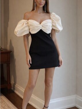 Cream & Black Puff-Sleeve Off-Shoulder Mini Dress